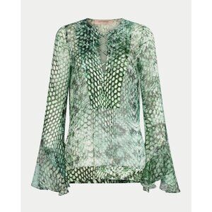 Silvia Tcherassi Thea Snakeskin-Print Silk Laced Flare-Sleeve Blouse 2L or US XL